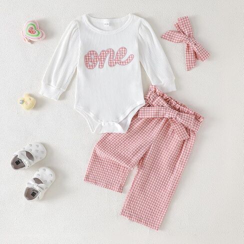 XFGLCK Baby Girl First Birthday Outfit Long sleeve romper + Plaid Pants with Belt + Headband One Year Birthday Clothes in Saudi Arabia
