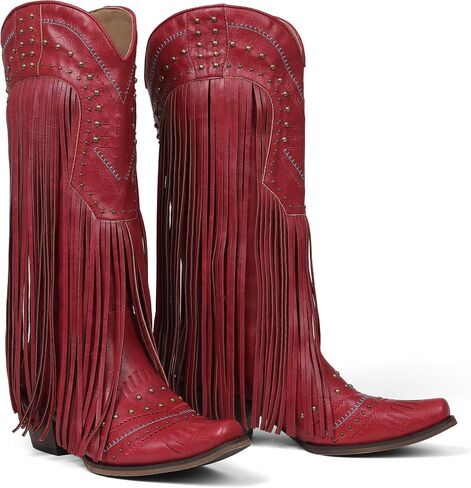 Celbreez Cowboy Boots for Women with Fringe Cowgirl Boots Knee High Wide Calf Cowboy Boots Embroidery Rivet Pointed Toe Chunky Heel Pull On Western Boots Concert Outfits Shose in Saudi Arabia
