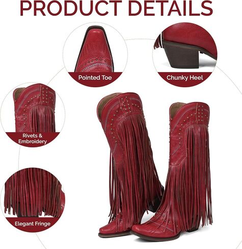 Celbreez Cowboy Boots for Women with Fringe Cowgirl Boots Knee High Wide Calf Cowboy Boots Embroidery Rivet Pointed Toe Chunky Heel Pull On Western Boots Concert Outfits Shose in Saudi Arabia