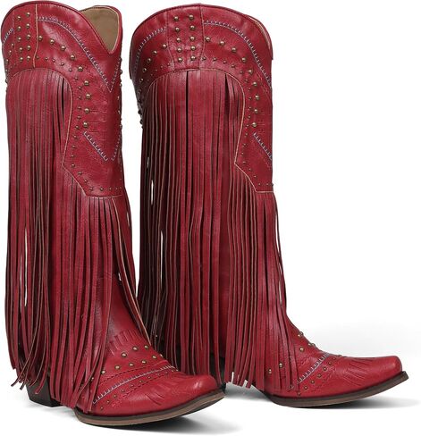 Celbreez Cowboy Boots for Women with Fringe Cowgirl Boots Knee High Wide Calf Cowboy Boots Embroidery Rivet Pointed Toe Chunky Heel Pull On Western Boots Concert Outfits Shose in Saudi Arabia