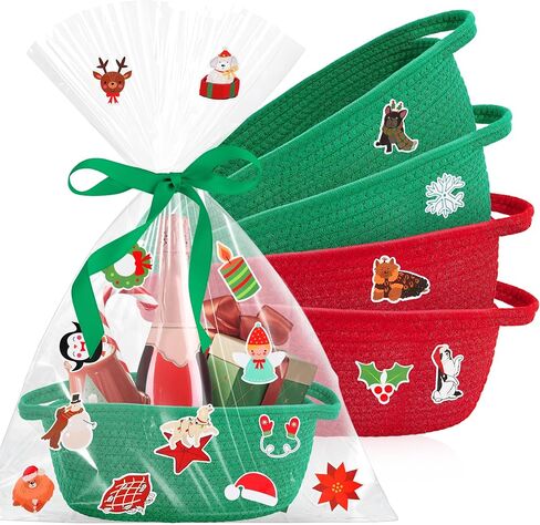 4pcs Christmas Woven Basket with Handles, Decorative Rope Woven Storage Basket Christmas Gift Baskets with Gift Bags Sticker and Ribbons for Xmas Empty Decorative Gift Box in Saudi Arabia