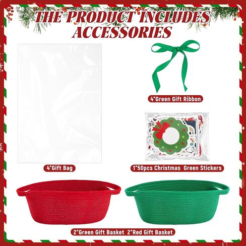 4pcs Christmas Woven Basket with Handles, Decorative Rope Woven Storage Basket Christmas Gift Baskets with Gift Bags Sticker and Ribbons for Xmas Empty Decorative Gift Box in Saudi Arabia
