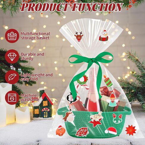 4pcs Christmas Woven Basket with Handles, Decorative Rope Woven Storage Basket Christmas Gift Baskets with Gift Bags Sticker and Ribbons for Xmas Empty Decorative Gift Box in Saudi Arabia