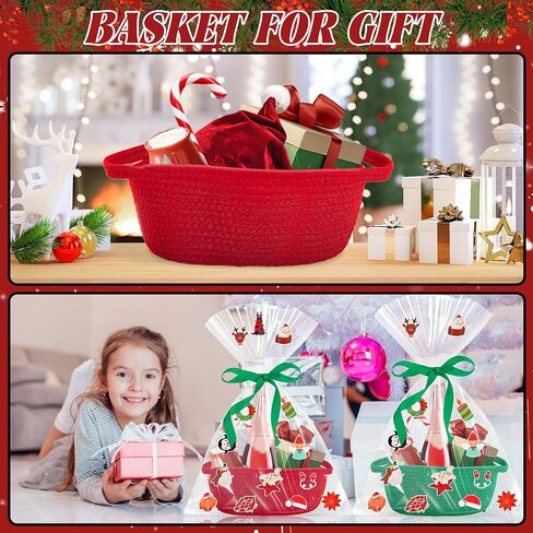 4pcs Christmas Woven Basket with Handles, Decorative Rope Woven Storage Basket Christmas Gift Baskets with Gift Bags Sticker and Ribbons for Xmas Empty Decorative Gift Box in Saudi Arabia