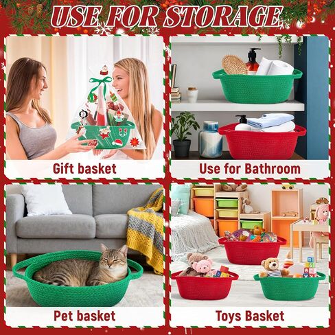 4pcs Christmas Woven Basket with Handles, Decorative Rope Woven Storage Basket Christmas Gift Baskets with Gift Bags Sticker and Ribbons for Xmas Empty Decorative Gift Box in Saudi Arabia