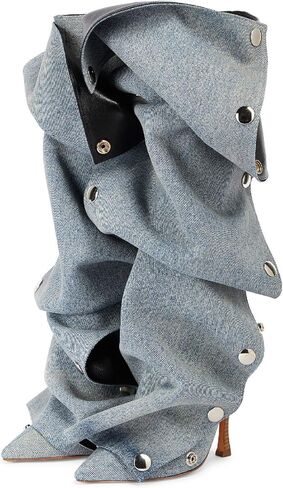 Women's Stiletto Heel Knee High Boots Fashion Studded Detachable Tall Boots Sexy Pointed Closed Toe Back Zipper Ruched Slouchy High Heel Long Boots for Women in Kuwait