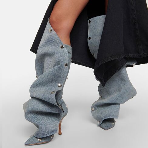 Women's Stiletto Heel Knee High Boots Fashion Studded Detachable Tall Boots Sexy Pointed Closed Toe Back Zipper Ruched Slouchy High Heel Long Boots for Women in Kuwait