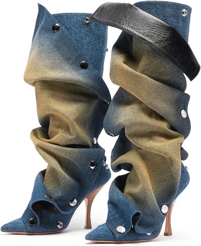 Women's Stiletto Heel Knee High Boots Fashion Studded Detachable Tall Boots Sexy Pointed Closed Toe Back Zipper Ruched Slouchy High Heel Long Boots for Women in Kuwait