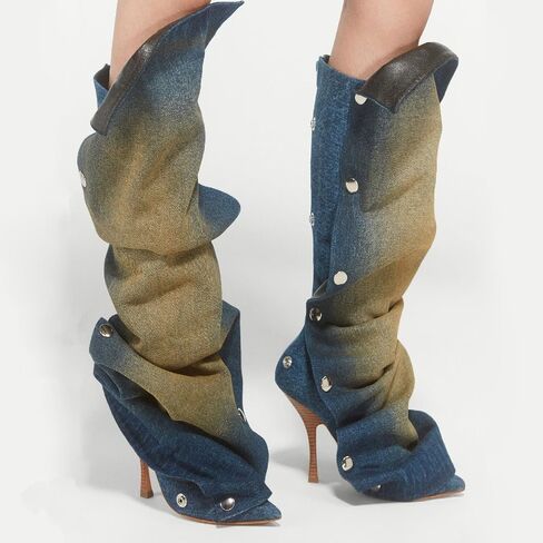 Women's Stiletto Heel Knee High Boots Fashion Studded Detachable Tall Boots Sexy Pointed Closed Toe Back Zipper Ruched Slouchy High Heel Long Boots for Women in Kuwait