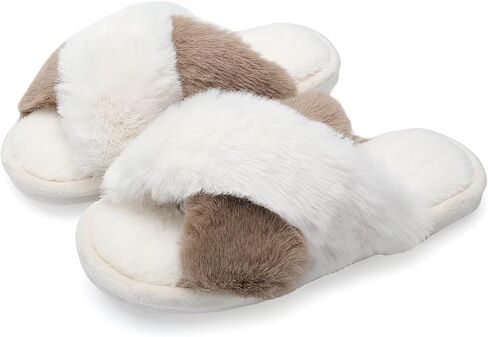 Women's Fluffy Slippers Cross Band House Slippers with Memory Foam Fuzzy Bedroom Open Toe Shoes Comfy Indoor Outdoor in Saudi Arabia