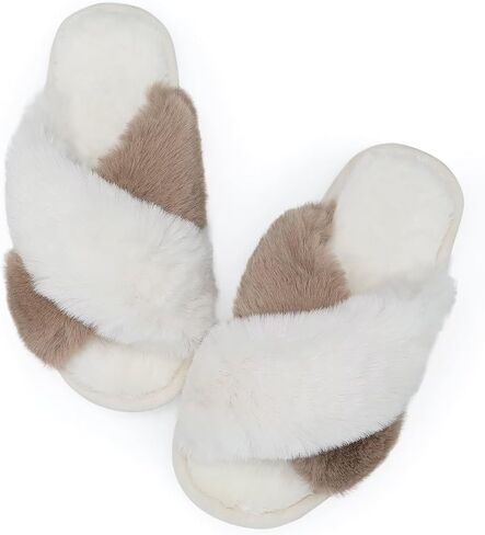 Women's Fluffy Slippers Cross Band House Slippers with Memory Foam Fuzzy Bedroom Open Toe Shoes Comfy Indoor Outdoor in Saudi Arabia