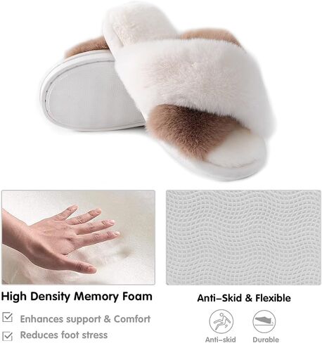 Women's Fluffy Slippers Cross Band House Slippers with Memory Foam Fuzzy Bedroom Open Toe Shoes Comfy Indoor Outdoor in Saudi Arabia