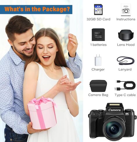 Digital Camera, 4k Cameras for Photography & Video, 64MP WiFi Touch Screen Vlogging Camera for YouTube with 32GB Card, Lens Hood, Front and Rear Cameras -(JJQQ-W05-4K-Black2) in Saudi Arabia