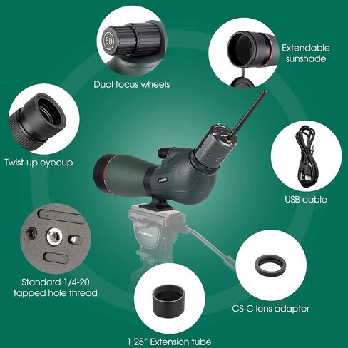 SVBONY SV406P نطاقات اكتشاف بزاوية 20-60x80، نطاق رصد ثنائي التركيز ED لمشاهدة الطيور، نطاقات اكتشاف مقاومة للماء IPX7 لمشاهدة الحياة البرية، متوافق مع كاميرا WiFi SC001 in Kuwait