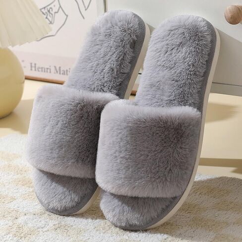 Women's Memory Foam Slippers, Open Toe, Fuzzy House Shoes, Comfy One-Strap Slides in Saudi Arabia