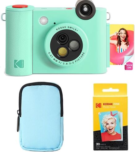 حزمة KODAK Smile+ كاميرا طباعة فورية رقمية 2 في 1 وطابعة صور لاسلكية تعمل بتقنية البلوتوث + حقيبة فاخرة + ورق صور لاصق من الخلف 20 قطعة من Zink - 10 ميجابكسل، عدسة دوارة ذات تأثير خاص - أخضر in Kuwait