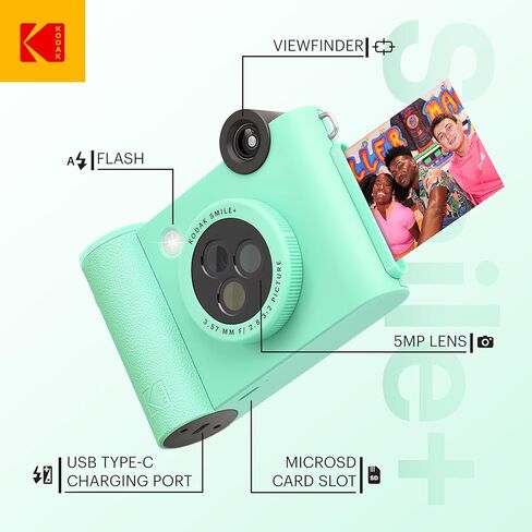 حزمة KODAK Smile+ كاميرا طباعة فورية رقمية 2 في 1 وطابعة صور لاسلكية تعمل بتقنية البلوتوث + حقيبة فاخرة + ورق صور لاصق من الخلف 20 قطعة من Zink - 10 ميجابكسل، عدسة دوارة ذات تأثير خاص - أخضر in Kuwait