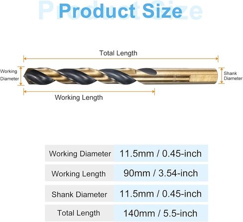 HARFINGTON Twist Drill Bit 11.5mm Dia فولاذ عالي السرعة 4341 متري لقم الثقب 5.5 "الطول الإجمالي مع طلاء أكسيد الأسود والذهبي لحفر المعادن الصلبة، الفولاذ المقاوم للصدأ، سبائك الصلب in Saudi Arabia