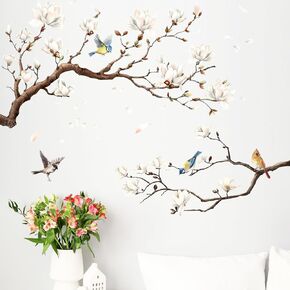 Mfault Magnolia Tree Birds Wall Decals Stickers, White Flower Branches Nuthatch Cardinal Sparrow Decorations Bedroom Art, Floral Petal Living Room Home Kitchen Decor in Kuwait