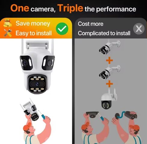 كاميرا أمان ICSEE 4K 8MP 3 عدسات WiFi PTZ، تدعم Alexa/رؤية ليلية/كشف الحركة/عرض 360 درجة/صوت ثنائي الاتجاه/بطاقة SD تدعم كاميرا مراقبة الشبكة (عدسة ثلاثية خارجية) in Kuwait