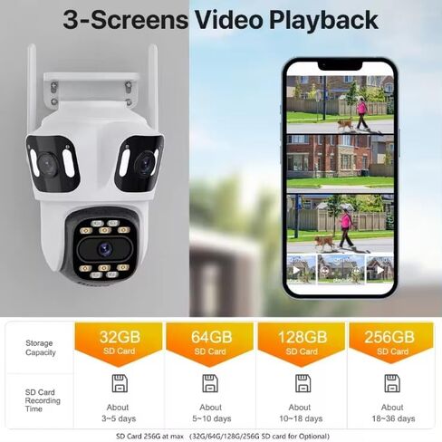 كاميرا أمان ICSEE 4K 8MP 3 عدسات WiFi PTZ، تدعم Alexa/رؤية ليلية/كشف الحركة/عرض 360 درجة/صوت ثنائي الاتجاه/بطاقة SD تدعم كاميرا مراقبة الشبكة (عدسة ثلاثية خارجية) in Kuwait