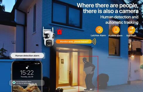 كاميرا أمان ICSEE 4K 8MP 3 عدسات WiFi PTZ، تدعم Alexa/رؤية ليلية/كشف الحركة/عرض 360 درجة/صوت ثنائي الاتجاه/بطاقة SD تدعم كاميرا مراقبة الشبكة (عدسة ثلاثية خارجية) in Kuwait