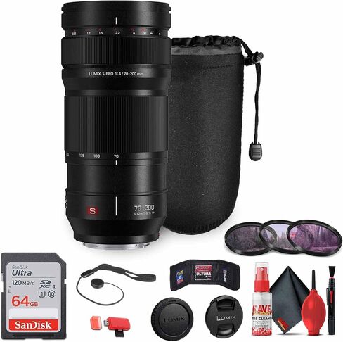 Panasonic Lumix S PRO 70-200mm f/4 O.I.S. Lens (S-R70200) Bundle Including: 64 GB Memory Card, 3-Piece Filter Kit, Lens Caps, Lens Pouch, Cap Keeper, Full Cleaning Kit, Card Reader, Card Wallet in Saudi Arabia