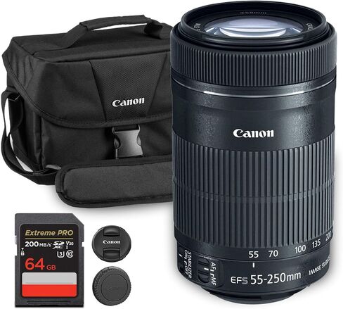 عدسة كانون EF-S 55-250mm f/4-5.6 IS STM | تكبير تليفوتوغرافي مدمج مع تثبيت الصورة والتركيز التلقائي السلس لـ STM | مثالية للرياضة والسفر والتصوير اليومي (8546B002) + حقيبة كتف + بطاقة سعة 64 جيجابايت in Saudi Arabia
