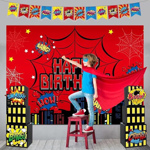 TELANA Superhero Birthday Party Decorations Set with Super Hero Backdrop Photography, Skyscraper City Boxes Spider Theme for Kids - Boys Girls Heroes Banner for Photoshoot Decor, Favor and Supplies in Saudi Arabia