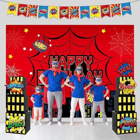 TELANA Superhero Birthday Party Decorations Set with Super Hero Backdrop Photography, Skyscraper City Boxes Spider Theme for Kids - Boys Girls Heroes Banner for Photoshoot Decor, Favor and Supplies in Saudi Arabia