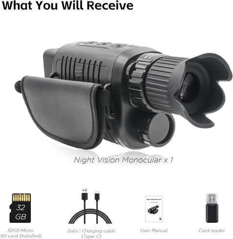 منظار أحادي للرؤية الليلية قابل لإعادة الشحن للظلام بنسبة 100%، فيديو HD1080P كامل المسافة الطويلة بالأشعة تحت الحمراء للرؤية الليلية مناظير للصيد والتخييم والسفر والمراقبة 32 جيجابايت بالداخل in Kuwait