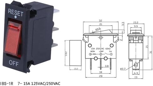 IBS-1R 5A-20A 12V-125/250OVAC 3 Pin Boat Rocker Switch Manual Reset Protector in Overload Protection Switch in Saudi Arabia