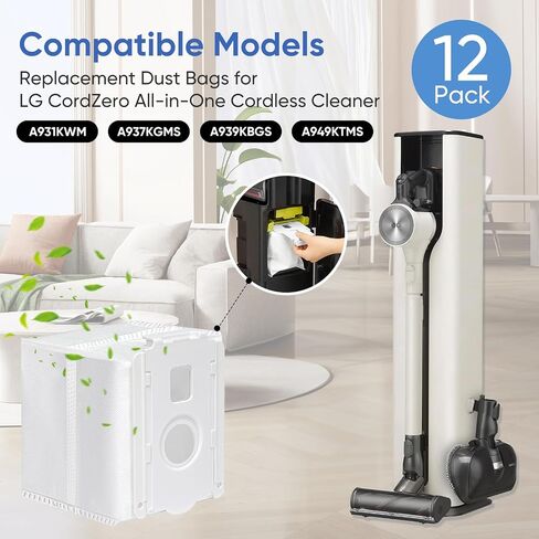 12 كيس غبار للمكنسة الكهربائية LG CordZero الكل في واحد A939KBGS، A931KWM، A937KGMS وA949KTMS، يناسب أكياس استبدال المكنسة الكهربائية المتوافقة مع برج LG الكل في واحد in Kuwait