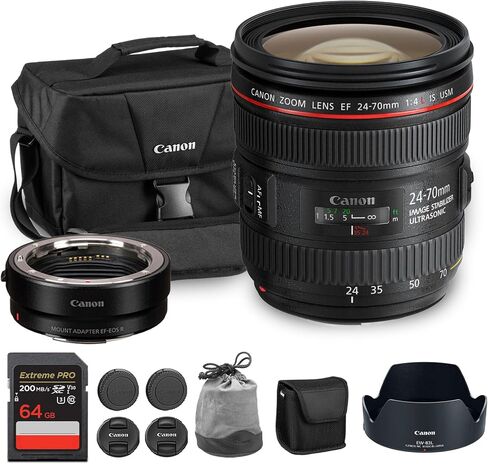 Canon EF 24-70mm f/4L IS USM Lens | L-Series Standard Zoom with Image Stabilization, Macro Mode & Fast Autofocus | Perfect for Weddings, & Travel Photography (6313B002) + Adapter EF-EOS R + Bag + More in Saudi Arabia