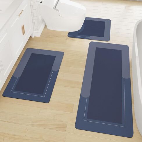 Schweek Blue Bath Mat Set 3 Piece Non-Slip Absorbent Mats for Bathroom | Rubber Backing Modern Bath Mat, U-Shaped Toilet Mats, Quick-Dry Rug for Tub, Showe,Sink 20"x32" + 20"x47" + 20"x24" in Saudi Arabia