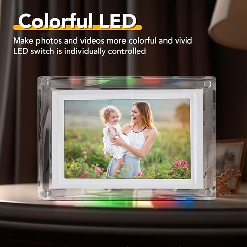 إطار أكريليك Dpofirs مقاس 7 بوصة، إطار صورة رقمي بدون إطار يدور تلقائيًا مع ضوء LED ملون، إطار صورة واضح مع ذاكرة 4 جيجابايت لديكور المنزل وغرفة النوم والمكتب in Saudi Arabia