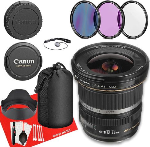 عدسة Canon EF-S 10-22mm f/3.5-4.5 USM لكاميرات Canon EF-S-Mount APS-C DSLR + حافظة عدسة + 3 فلاتر PC + غطاء محرك السيارة + منفاخ غبار + قلم فرشاة مستشعر + حافظة غطاء + المزيد (حزمة 12 قطعة) (متجددة)، أسود in Saudi Arabia