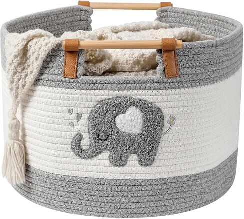 Large Blanket Basket 35L Cotton Rope Basket with Wooden Handles Woven Baskets for Kids Stuffed Animal Toys Storage for Nursery, Laundry Hamper Clothes Baby Hamper Boys Gift Basket Empty, (Dinosaur ） in Saudi Arabia