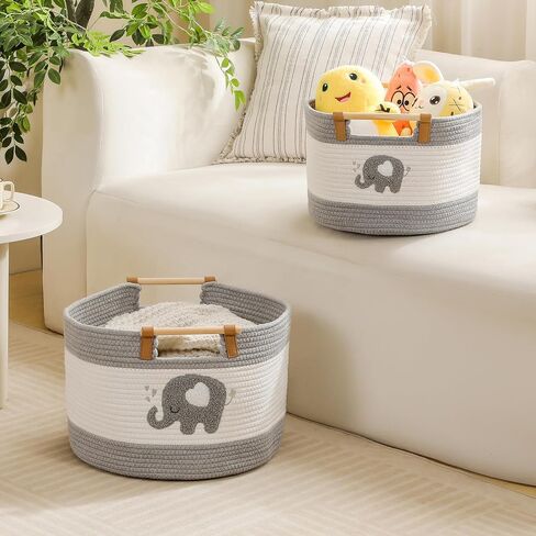 Large Blanket Basket 35L Cotton Rope Basket with Wooden Handles Woven Baskets for Kids Stuffed Animal Toys Storage for Nursery, Laundry Hamper Clothes Baby Hamper Boys Gift Basket Empty, (Dinosaur ） in Saudi Arabia