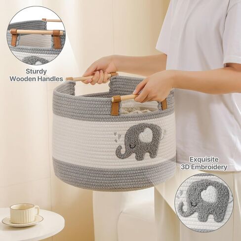 Large Blanket Basket 35L Cotton Rope Basket with Wooden Handles Woven Baskets for Kids Stuffed Animal Toys Storage for Nursery, Laundry Hamper Clothes Baby Hamper Boys Gift Basket Empty, (Dinosaur ） in Saudi Arabia