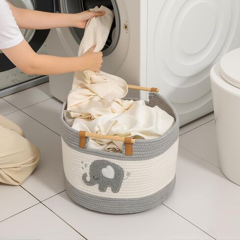 Large Blanket Basket 35L Cotton Rope Basket with Wooden Handles Woven Baskets for Kids Stuffed Animal Toys Storage for Nursery, Laundry Hamper Clothes Baby Hamper Boys Gift Basket Empty, (Dinosaur ） in Saudi Arabia