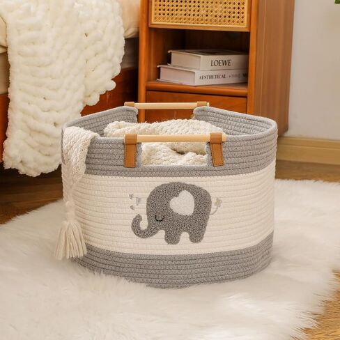 Large Blanket Basket 35L Cotton Rope Basket with Wooden Handles Woven Baskets for Kids Stuffed Animal Toys Storage for Nursery, Laundry Hamper Clothes Baby Hamper Boys Gift Basket Empty, (Dinosaur ） in Saudi Arabia