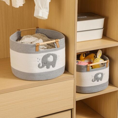 Large Blanket Basket 35L Cotton Rope Basket with Wooden Handles Woven Baskets for Kids Stuffed Animal Toys Storage for Nursery, Laundry Hamper Clothes Baby Hamper Boys Gift Basket Empty, (Dinosaur ） in Saudi Arabia