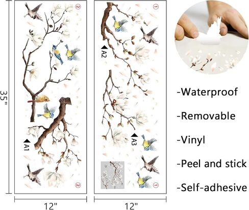 Mfault Magnolia Tree Birds Wall Decals Stickers, White Flower Branches Nuthatch Cardinal Sparrow Decorations Bedroom Art, Floral Petal Living Room Home Kitchen Decor in Saudi Arabia
