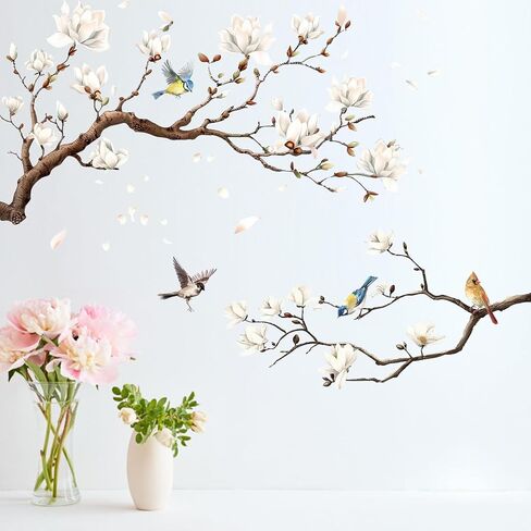 Mfault Magnolia Tree Birds Wall Decals Stickers, White Flower Branches Nuthatch Cardinal Sparrow Decorations Bedroom Art, Floral Petal Living Room Home Kitchen Decor in Saudi Arabia