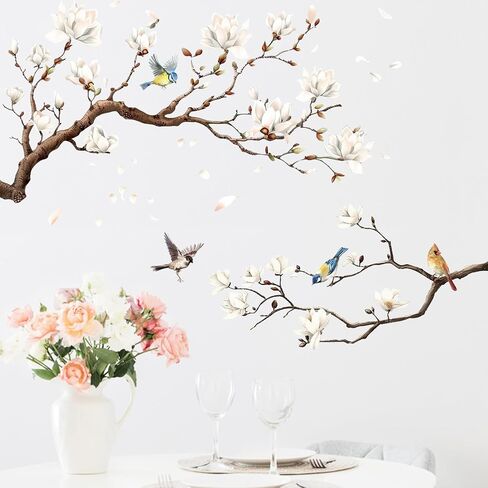 Mfault Magnolia Tree Birds Wall Decals Stickers, White Flower Branches Nuthatch Cardinal Sparrow Decorations Bedroom Art, Floral Petal Living Room Home Kitchen Decor in Saudi Arabia