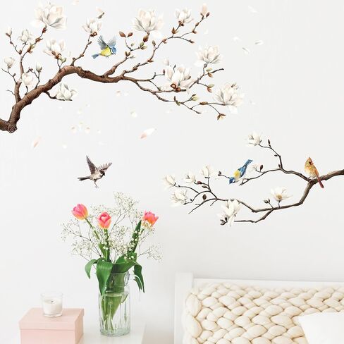 Mfault Magnolia Tree Birds Wall Decals Stickers, White Flower Branches Nuthatch Cardinal Sparrow Decorations Bedroom Art, Floral Petal Living Room Home Kitchen Decor in Saudi Arabia