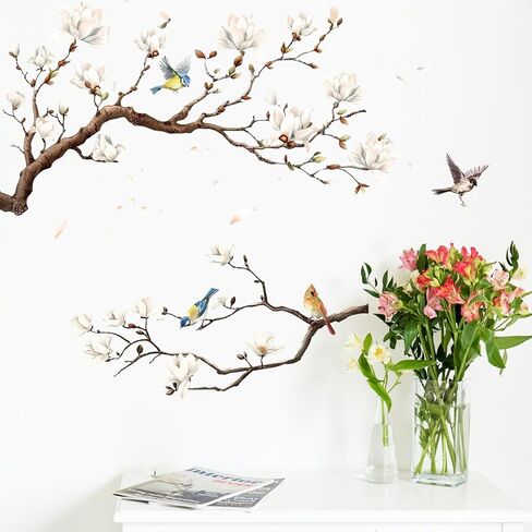 Mfault Magnolia Tree Birds Wall Decals Stickers, White Flower Branches Nuthatch Cardinal Sparrow Decorations Bedroom Art, Floral Petal Living Room Home Kitchen Decor in Saudi Arabia