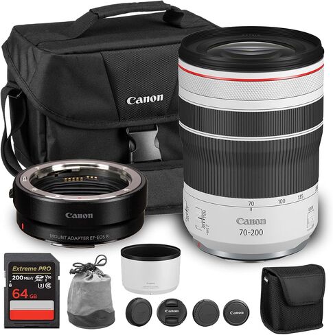عدسة Canon RF 70-200mm f/4 L هي عدسة USM | تكبير تليفوتوغرافي من سلسلة L مع تثبيت الصورة والتركيز التلقائي السريع | لتصوير الرياضة والحياة البرية والسفر (4318C002) + محول EF-EOS R + حقيبة + بطاقة سعة 64 جيجابايت in Kuwait