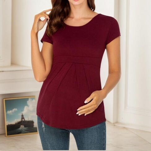 Women’s Maternity Tops Short Sleeve Ruffle Pleated Front Tunic Shirts Soft Casual Solid Color Pregnancy Blouse in Saudi Arabia